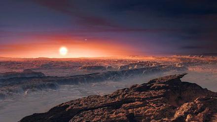 Ferne Welt. So stellt sich ein Künstler die Oberfläche des erdähnlichen Planeten vor, der die Zwergsonne Proxima Centauri umkreist. Abb.: ESO / M. Kornmesser