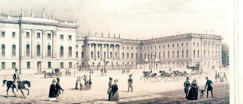 Weitblick. Die Lithographie des Berliner Künstlers Wilhelm Loeillot von 1845 zeigt das Berliner Bürgertum auf der Flaniermeile vor dem Universitätsgebäude.