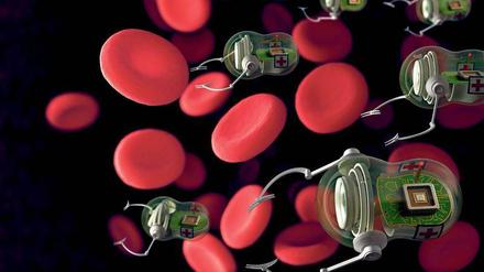 Erste Hilfe für rote Blutkörperchen. In dieser Science-Fiction-Darstellung sind mikroskopische Reparatur-Roboter schon Wirklichkeit geworden. Die Maschinen der Nobelpreisträger sind allerdings noch um ein Vielfaches kleiner.