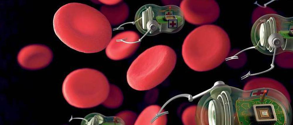 Erste Hilfe für rote Blutkörperchen. In dieser Science-Fiction-Darstellung sind mikroskopische Reparatur-Roboter schon Wirklichkeit geworden. Die Maschinen der Nobelpreisträger sind allerdings noch um ein Vielfaches kleiner.