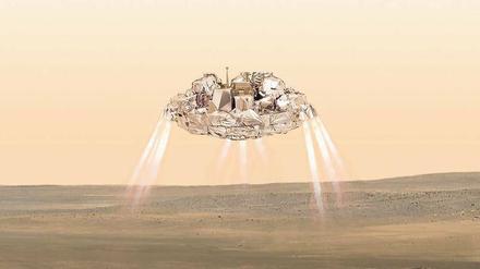 Landung mit Bremsrakete. Das sanfte Aufsetzen auf dem Mars ist eine große Herausforderung für die Weltraumtechnik.
