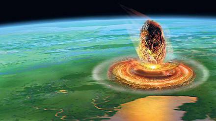 Gewaltige Kraft. So stellt sich ein Künstler den Aufprall des Asteroiden vor, der vor 66 Millionen Jahren die meisten Lebewesen auf der Erde umbrachte. Bohrproben zeigen nun, dass das Gestein im Ground Zero wie ein Sandstrahl nach oben schoss.