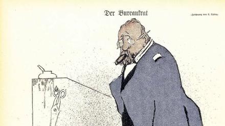 Eine Zeichnung zeigt einen beleibten, bärtigen älteren Mann mit einer Zigarre im Mund, der an einem Stehpult steht.
