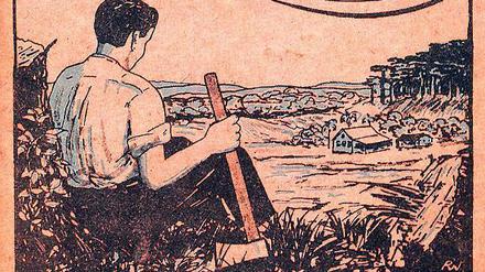 Auf einem Kalenderdeckblatt von 1930 ist ein sitzender Mann zu sehen, der eine Axt in der Hand hält und auf ein Tal mit einem Bauernhaus blickt.