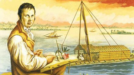 Eine historische Darstellung zeigt einen jungen Mann mit einem Skizzenbuch auf den Knien. Er sitzt oberhalb eines Flussufers.