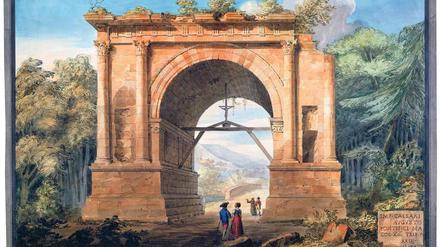 Anschauungsunterricht. Den Augustusbogen (Aosta) zeichnete John Soanes Mitarbeiter Henry Seward im Januar 1807. Insgesamt verlangte Soane seinen Mitarbeitern 1500 Zeichnungen ab. In Berlin wird eine Auswahl von 27 gezeigt. 