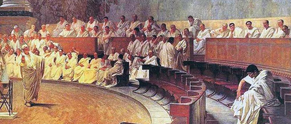 Ein Gemälde zeigt Cicero bei seiner Rede gegen den römischen Senator Catilina.