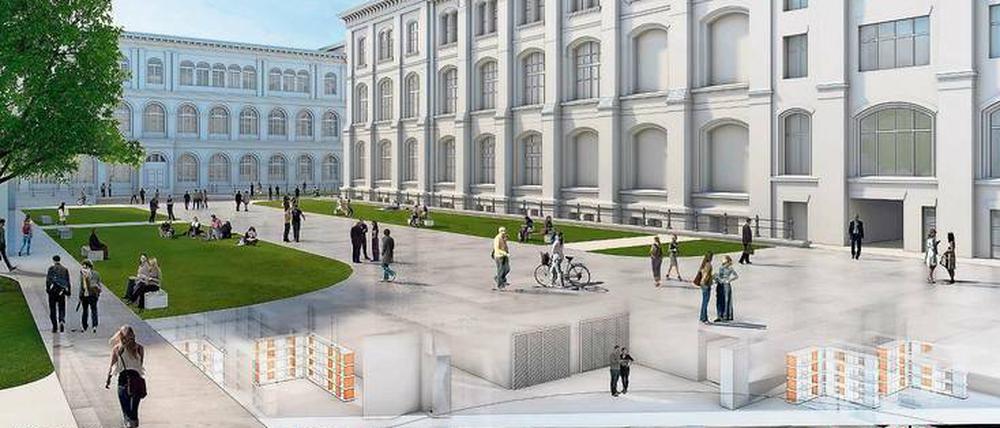 Simulation des künftigen Campushofs des Museums für Naturkunde Berlin mit Blick ins zweistöckige Tiefendepot.