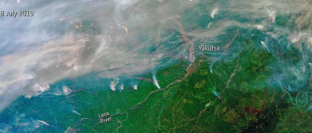Taigafeuer. Brände in Sibirien, Aufnahme des Copernicus Sentinel-3-Satelliten. 