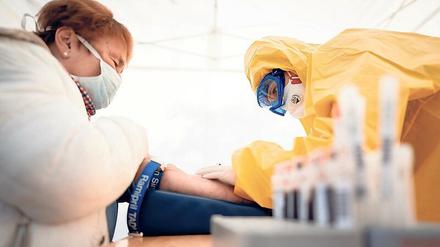Blutentnahme für einen Test auf Antikörper gegen das Sars-CoV-2-Virus in einer Berliner Praxis. 