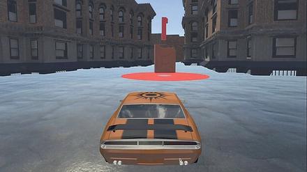 Ein Auto wird in einem Videospiel durch eine Stadtlandschaft gesteuert.