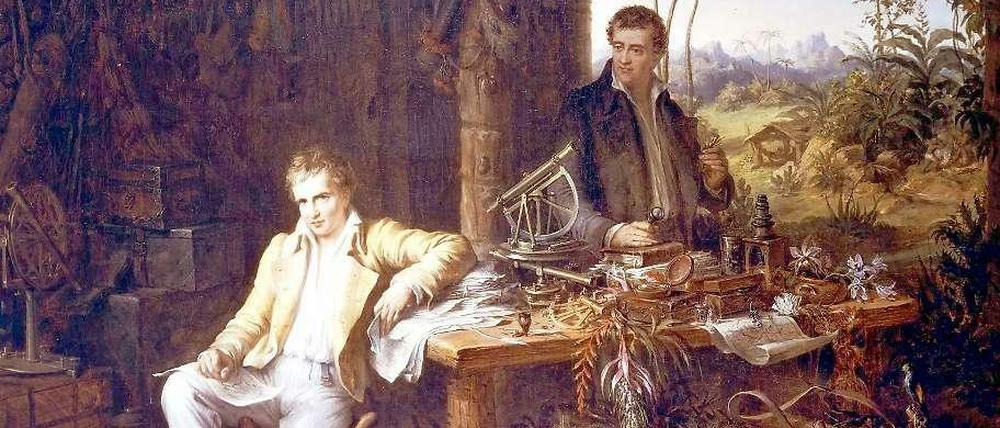 Alexander von Humboldt und sein Begleiter Aimé Bonpland in einer Urwaldhütte während der Südamerika-Expedition. Gemälde von Eduard Ender.