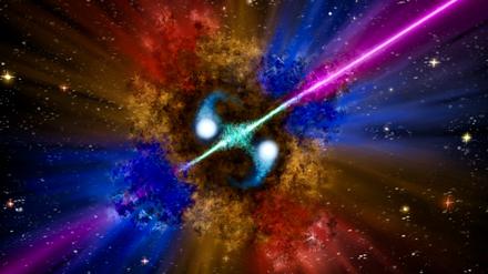 Im Zentrum dieser künstlerischen Darstellung des Gammastrahlenausbruchs 211211A ist ein Paar kompakter Sterne dargestellt, die sich in einem Fusionsprozess befinden. Bei der Verschmelzung wird ein ultra-relativistischer Jet (in Grün) freigesetzt, der bei der Wechselwirkung mit der umgebenden Materiewolke eine sehr energiereiche Strahlung aussendet (violett).
