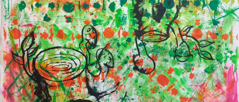 Isabell Wittmann: Aus der Serie "Wachtraum", Acrylfarben, Kohle und Sprühfarben auf Papier (2,5m x 1,5m) Entstehungsjahr: 2018