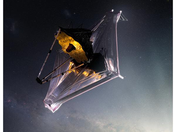 The Space Telescope is featured in this artist's rendering.  The large rhombus is the sun sail, about the size of a tennis court, which consists of five layers of plastic film and is intended to protect the devices from heat radiation.  Also striking is the 6.5 meter main mirror, whose elements are made of gold-coated beryllium to be dimensionally stable and still allow maximum reflection of the weak radiation. 