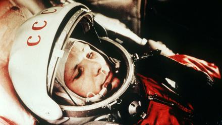 Juri Gagarin bei einem Test vor dem ersten bemannten Weltraumflug vom Weltraumbahnhof Baikonur aus.