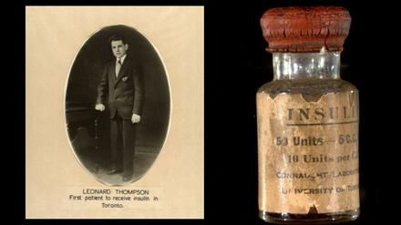 Leonard Thompson, erster Patient, der Insulin gespritzt bekam - und ein historischer Behälter von der Universtität Toronto