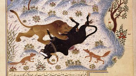 Dargestellt ist eine Szene zur Illustration einer Fabel: Ein Löwe hat ein Huftier gerissen, zwei Füchse schauen zu.
