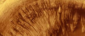 Reich an Rinnen. Auf der Marsoberfläche gibt es viele Rinnen und Kanäle (hier in einem Teil des Newton-Kraters). Sie müssen nicht unbedingt von fließendem Wasser stammen. Stattdessen könnten die Rinnen von verdampfendem Trockeneis geformt worden sein, schreiben jetzt zwei Wissenschaftler vom französischen Forschungszentrum CNRS im Fachblatt «Nature Geoscience». 
