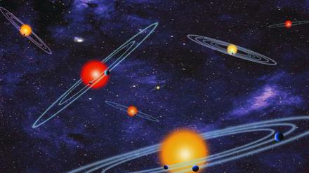 Ein Himmel voller Erden. Die künstlerische Darstellung zeigt wie zahlreiche Exoplaneten um ferne Sterne kreisen. Mit der neuen Analyse steigt die Zahl der nachgewiesenen Exoplaneten auf mehr als 1800. 