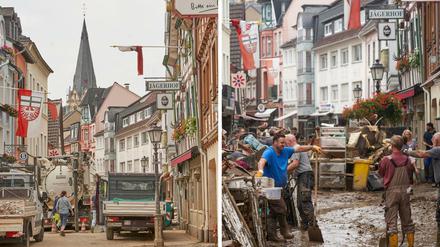 Vier Wochen nach der Flutkatastrophe (linkes Bild) laufen in der Altstadt von Ahrweiler noch immer die Aufräumungsarbeiten nach der Überschwemmung (rechtes Bild).