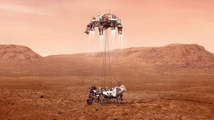 Die letzten Meter der langen Reise zum Mars wird die kleinwagengroße Sonde abgeseilt werden – von einem in der dünnen Marsatmosphäre schwebenden Kran. Anschließend kann der Roboter mit seinem umfangreichen Untersuchungsprogramm beginnen