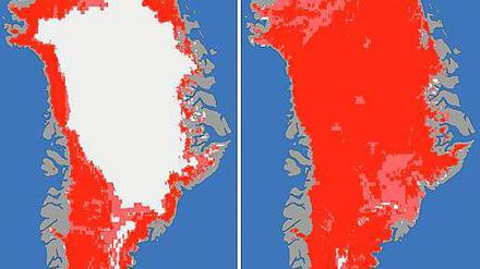Das Ausmaß der Eisschmelze am 8. Juli (links) und am 12. Juli (rechts). Rot bedeutet "definitiv geschmolzen", rosa steht für "wahrscheinlich geschmolzen" und weiß für "Eis". Für die grauen Gebiete liegen keine Daten vor.