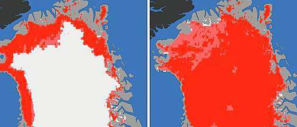Das Ausmaß der Eisschmelze am 8. Juli (links) und am 12. Juli (rechts). Rot bedeutet "definitiv geschmolzen", rosa steht für "wahrscheinlich geschmolzen" und weiß für "Eis". Für die grauen Gebiete liegen keine Daten vor.
