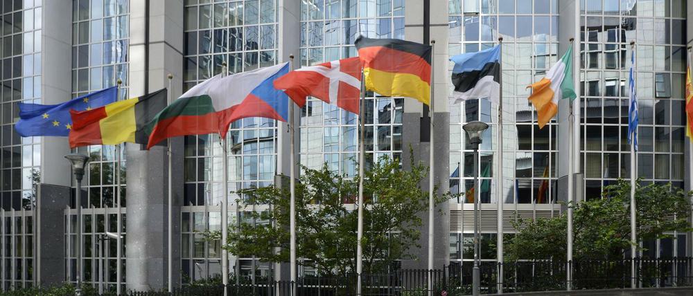 Nationalflaggen verschiedener europäischer Länder vor dem Europäischen Parlament in Brüssel als Symbol für künftige Europäische Universitäten.