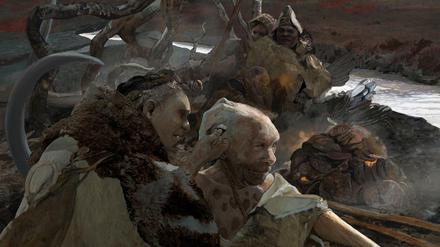 Zeichnung, die eine rekonstruierte Szene aus dem Leben der Neandertaler auf dem Doggerland illustriert.