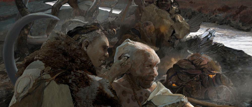 Zeichnung, die eine rekonstruierte Szene aus dem Leben der Neandertaler auf dem Doggerland illustriert.