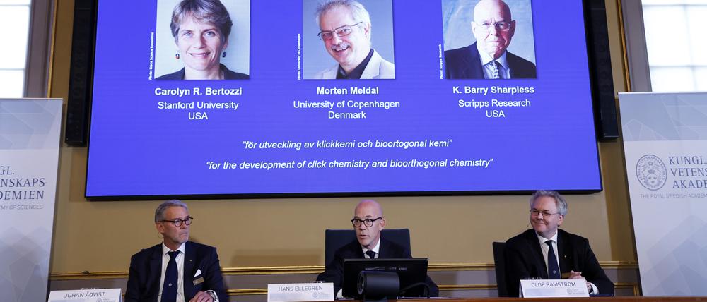 Der Generalsekretär der Königlich Schwedischen Akademie der Wissenschaften, Hans Ellegren (Mitte), gab die Gewinner des Nobelpreises für Chemie bekannt.