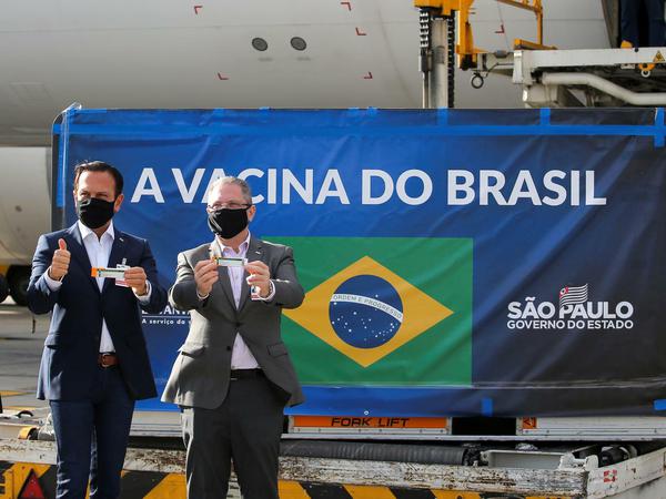 Der Gouverneur Sao Paulos, Joao Doria, und der Staatsminister für Gesundheit, Jean Gorinchteyn, halten den Sinovac-Impfstoff in den Händen, nachdem er in Brasilien angekommen ist.