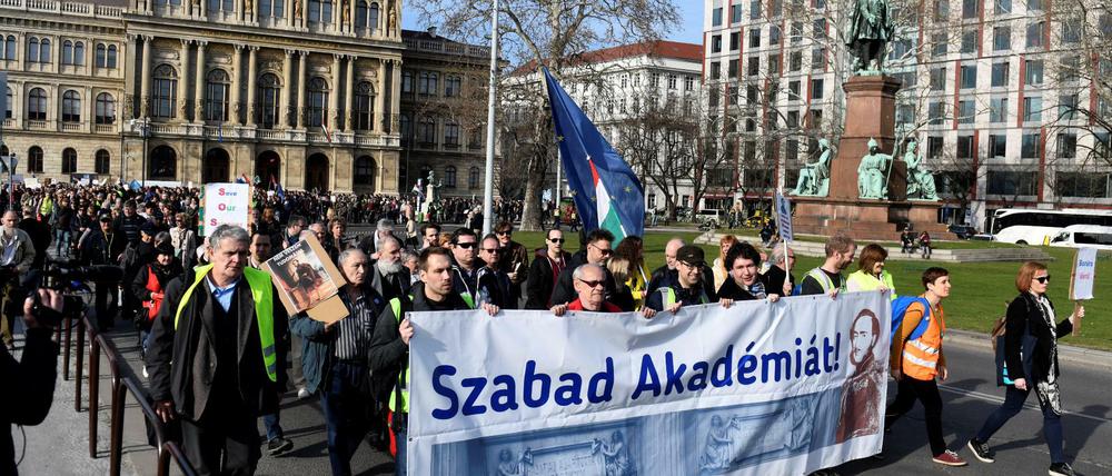 Demonstrationszug vor der Akademie der Wissenschaften in Budapest.