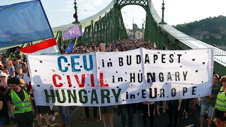 Demonstranten stehen auf einer Brücke in Budapest und halten ein Transparent mit der Aufschrift CEU in Budapest, Civil in Hungary, Hungary in Europe.