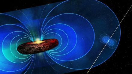 Die Grafik zeigt einen neu entdeckten Pulsar im Zentrum unserer Galaxis. Um das Schwarze Loch im Zentrum befindet sich ein starkes Magnetfeld. 