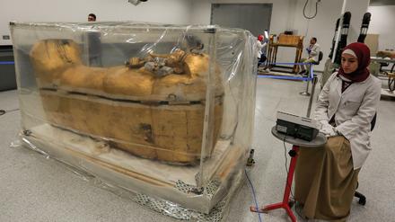 Der vergoldete Sarkophag Tutanchamuns wird in einem Kunststoffzelt im Großen Ägyptischen Museum gegen Schädlinge behandelt.