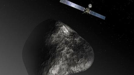 Anflug auf den Kometen. So stellt sich ein Künstler die Annäherung vor. Die Größenverhältnisse sind allerdings absichtlich verändert worden. Tatsächlich ist Rosetta gut 30 Meter breit, der Komet hingegen zwischen drei und fünf Kilometern groß. 