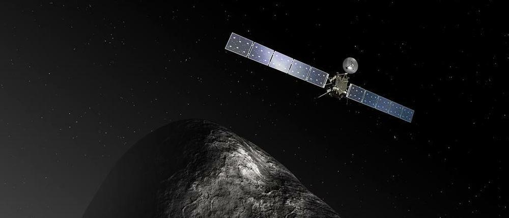Anflug auf den Kometen. So stellt sich ein Künstler die Annäherung vor. Die Größenverhältnisse sind allerdings absichtlich verändert worden. Tatsächlich ist Rosetta gut 30 Meter breit, der Komet hingegen zwischen drei und fünf Kilometern groß. 