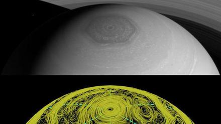 Fotografie (oben) und Simulation (unten) von Stürmen auf dem Saturn