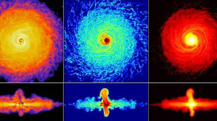 Simulation einer sich bildenden Scheibengalaxie ähnlich unserer Milchstraße, in der kosmische Strahlung von Supernova-Überresten beschleunigt wird Zu sehen sind Querschnitte der Scheibe (oben) und vertikale Schnitte (unten).