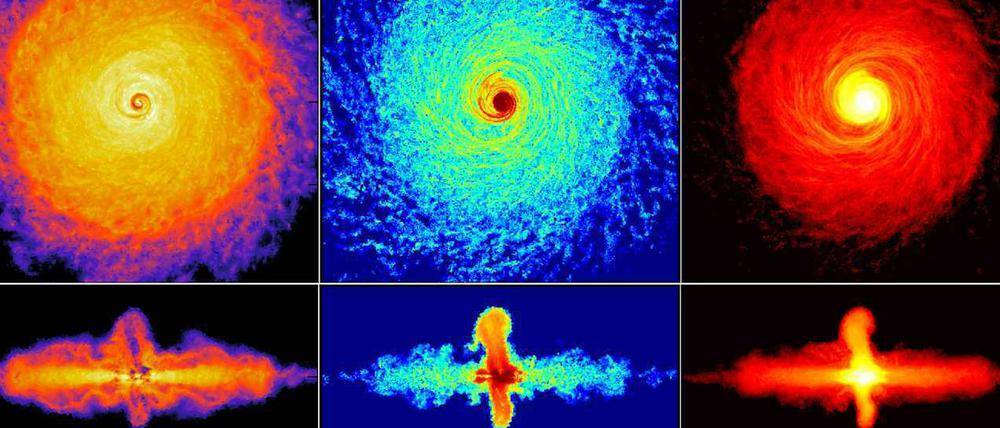 Simulation einer sich bildenden Scheibengalaxie ähnlich unserer Milchstraße, in der kosmische Strahlung von Supernova-Überresten beschleunigt wird Zu sehen sind Querschnitte der Scheibe (oben) und vertikale Schnitte (unten).