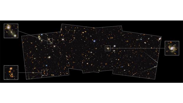 This section includes a portion of the sky that covers about 2 percent of the full moon's area (as seen from Earth).  The telescope has detected thousands of galaxies here.  These include those that appeared 13.5 billion years ago, i.e. shortly after the Big Bang, and whose light has only now reached Webb’s sensitive devices.