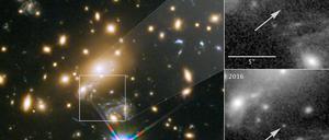 Ikarus (der offizieller Name lautet MACS J1149+2223 Lensed Star 1) ist der am weitesten entfernte Stern, den Menschen bislang identifizieren konnten. Rechts oben der Weltraumausschnitt im Jahr 2011 ohne Ikarus, aufgenommen mit dem Hubble-Weltraumteleskop. Rechts unten mit Ikarus, wie er sich mit Hilfe der Gravitationslinse 2016 zeigt.