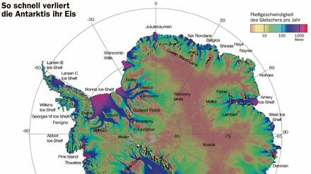 Die Gletscher der Antarktis fließen – je dunkler das Rot, umso schneller – zum Südozean hin ab. Die Daten, basierend auf Radarmessungen aus dem Zeitraum 1996 bis 2016, zeigen durchschnittliche Werte und einen deutlichen Trend: immer weniger Eis.