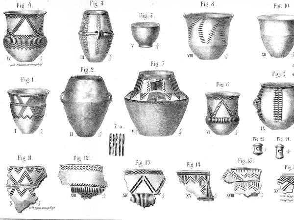 Zeichnungen von Urnen und anderen Grabbeigaben aus einem jungsteinzeitlichen Megalithgrab.