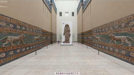 Blick in ein archäologisches Museum, den Fluchtpunkt bildet eine große Statue.