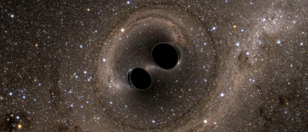 Kosmische Kollision. Gravitationswellen entstehen unter anderem beim Verschmelzen zweier Schwarzer Löcher. 