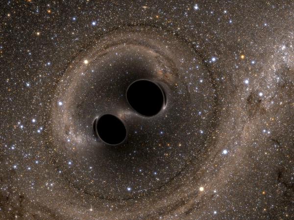 Tanz der Schwarzen Löcher. Die gemessenen Gravitationswellen entstanden beim Verschmelzen zweier Schwarzer Löcher - deren Vorgänger waren Riesensterne mit der vielfachen Masse unserer Sonne. 