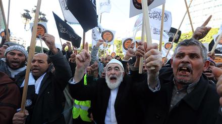 Junge Demokratien haben es oft schwer: Tunesische Islamisten protestieren Anfang 2014 gegen die neue Verfassung.